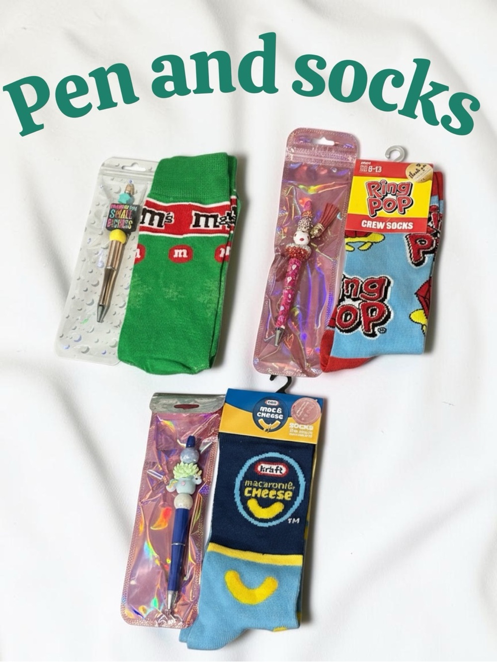Novelty Snack-Themed Crew Socks Pack with customized pen ( pick yours)